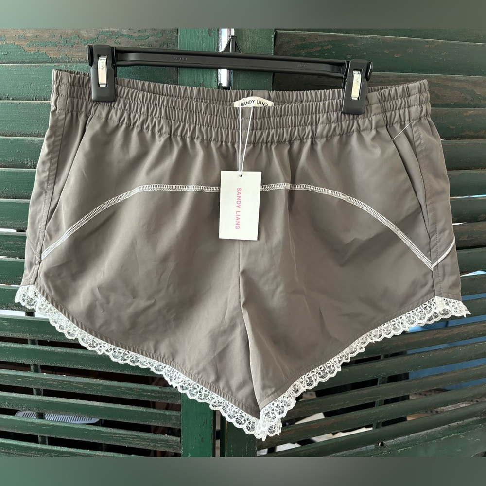 Sandy Liang Gray Lace Trim Women Shorts
